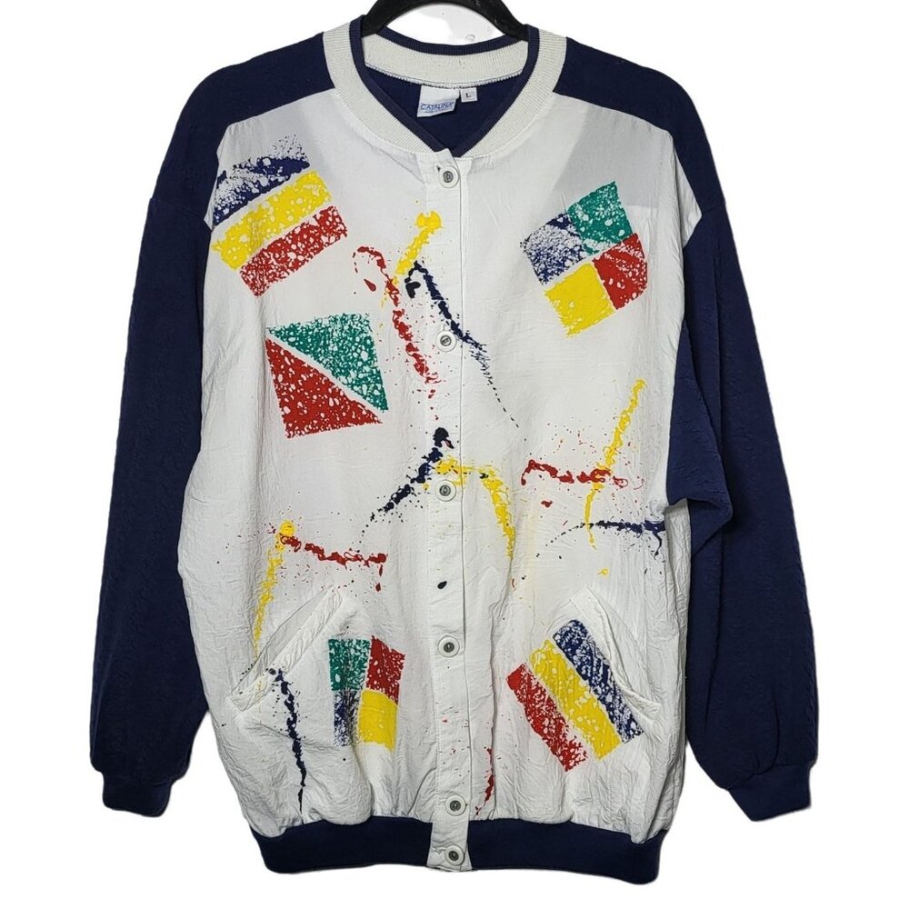Vintage 80s Catalina Womens Splatter Paint Button Front Windbreaker Jacket Large